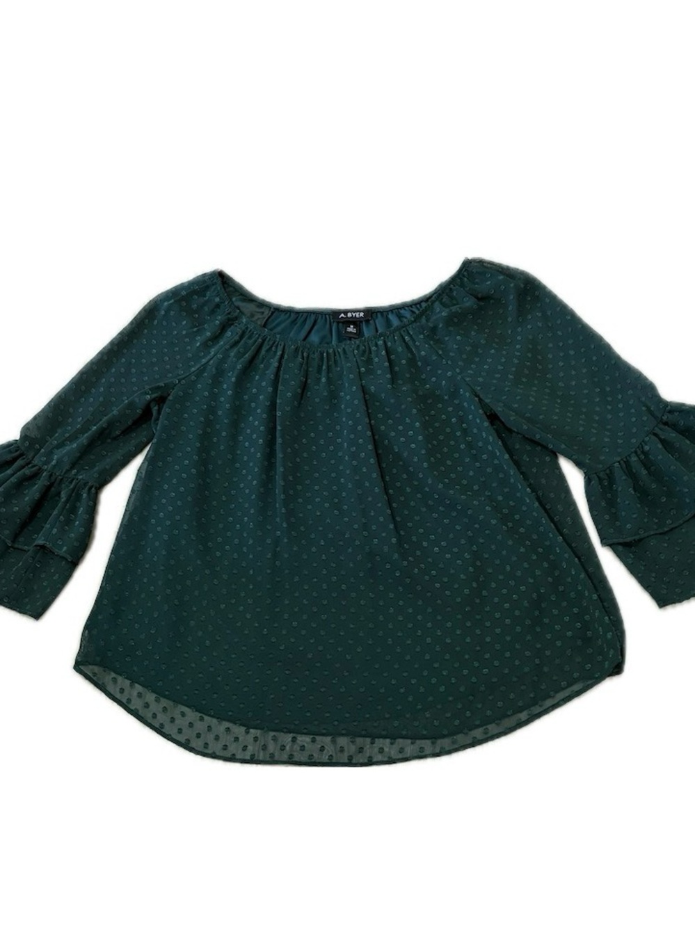 A. Byer Swiss Dot Ruffle Sleeve Boho Blouse Hunter Green Size Medium
